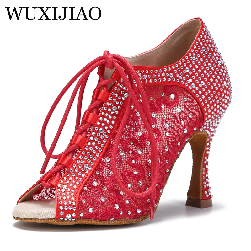 

WUXIJIAO Ladies Rhinestone Lace Mesh Strap Latin Tango Salsa Ballroom High Heels Soft Sole Sandals Wedding