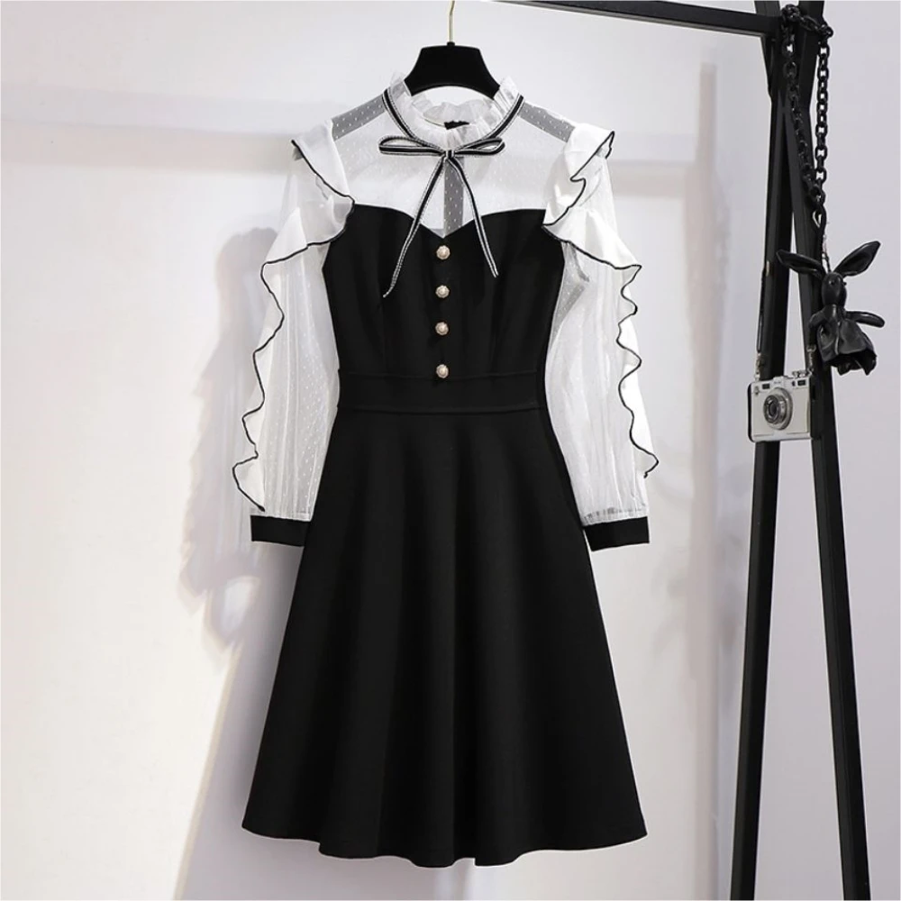 

Slim Autumn Lace O-neck Bow Ruffled Full Sleeves Thin Button Design Pullover A-Line Above Knee Sexy Dress Oversized 2XL 2023 New