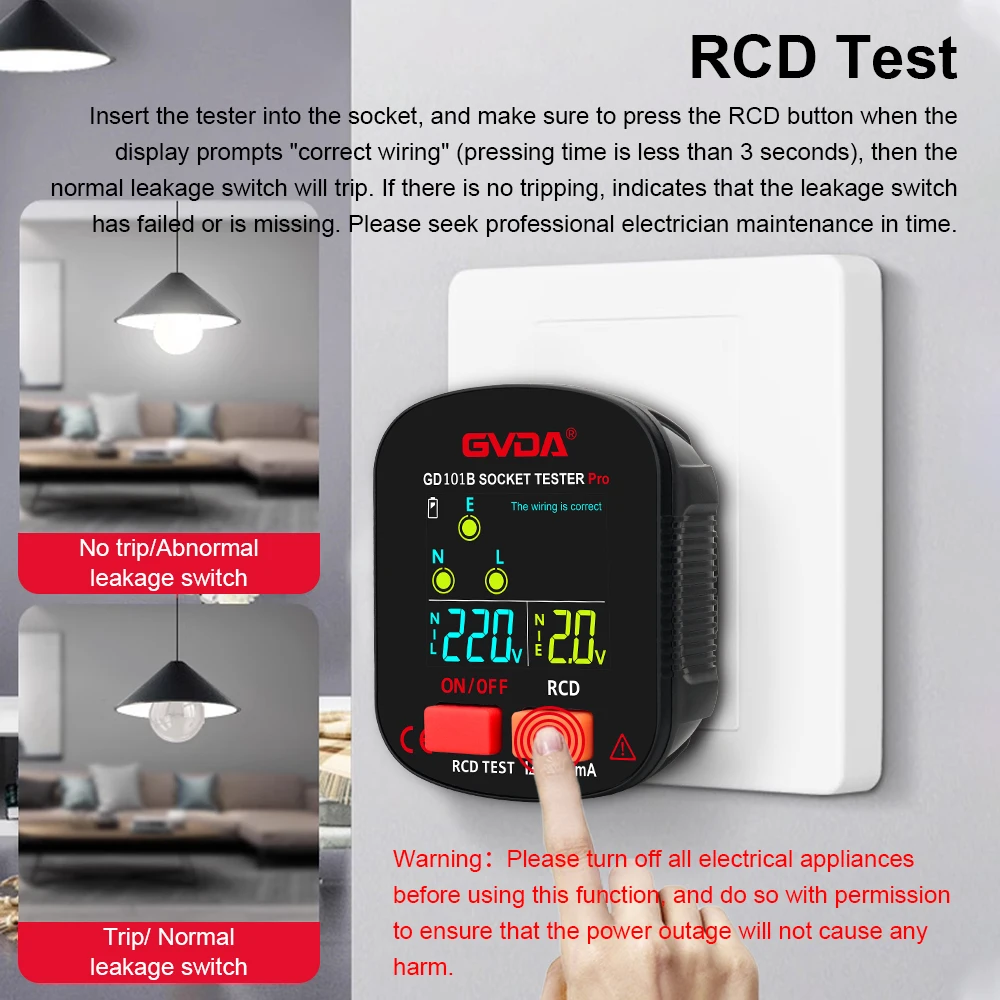 GVDA Socket Tester Outlet Checker Voltage Detector Electric Circuit Breaker Finder Ground Zero Line Polarity Phase Checker 3