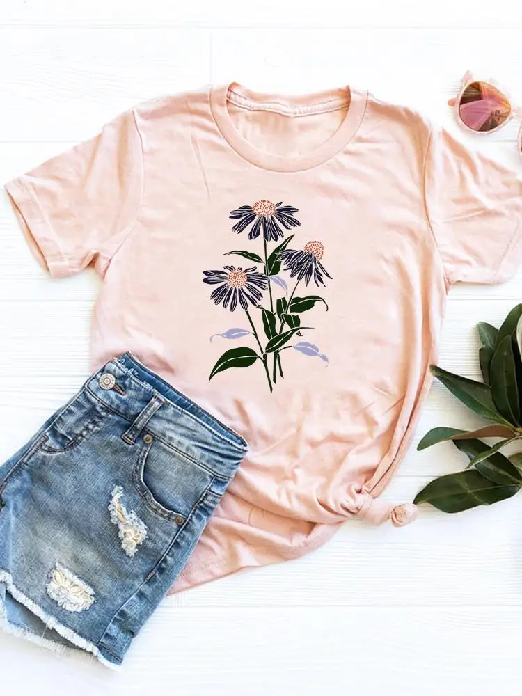 

Print T Shirt Tee Basic Clothing Summer Top Fashion Watercolor Sweet Plant Flower Short Sleeve Graphic T-shirt Women Clothes