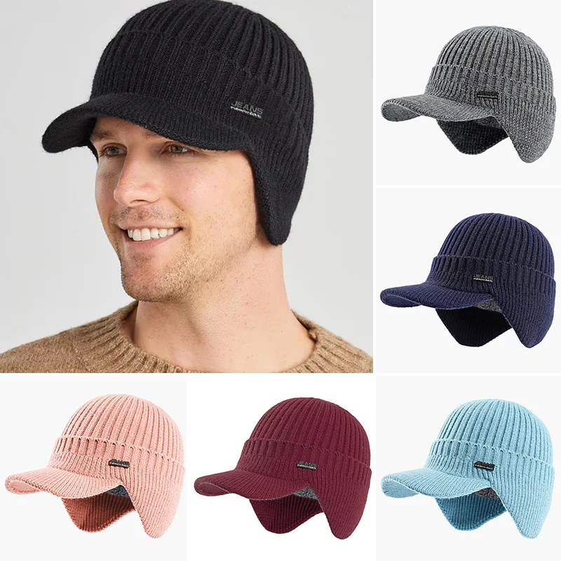 

Зимняя трикотажная бейсболка с защитой ушей для женщин и мужчин, теплые толстые шерстяные вязаные Козырьки с полями, уличная ветрозащитная велосипедная шапка