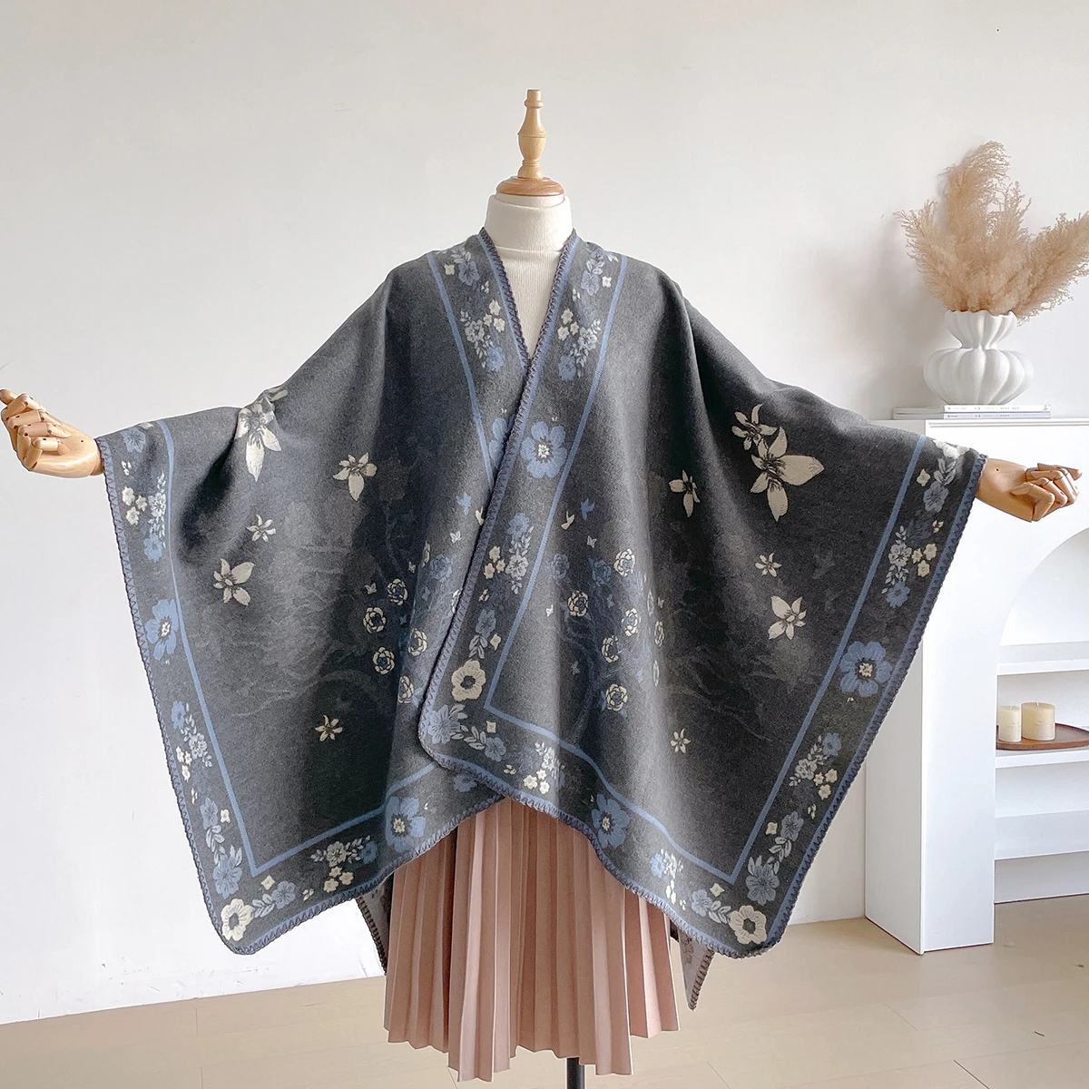 Brand Fashion Women's Cashmere Winter Shawl - Vintage Floral Printed Oil Painting Style Pashmina Thick Wrap & Poncho