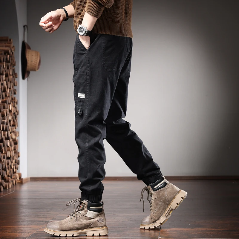 Autumn Khaki Cotton Casual Pants Men Fashion Korean Style Slim Fit Elastic Waist Trousers