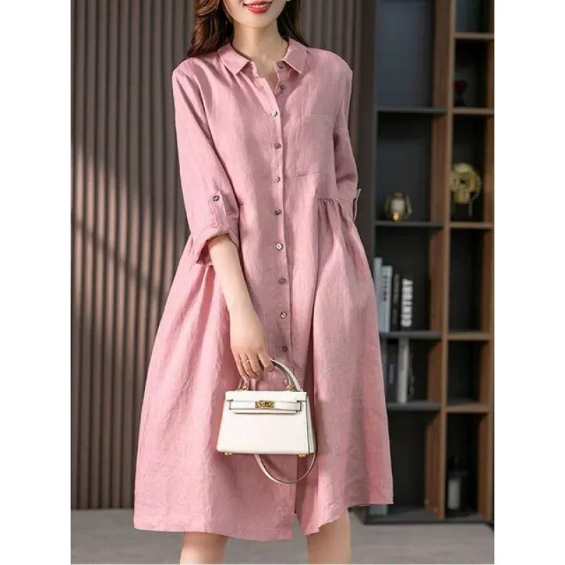 

2024 Spring Women's Cotton Hemp Dress Art Retro Casual Loose Long Sleeved Cardigan Linen Shirt Loose Solid Color Dress M-2XL