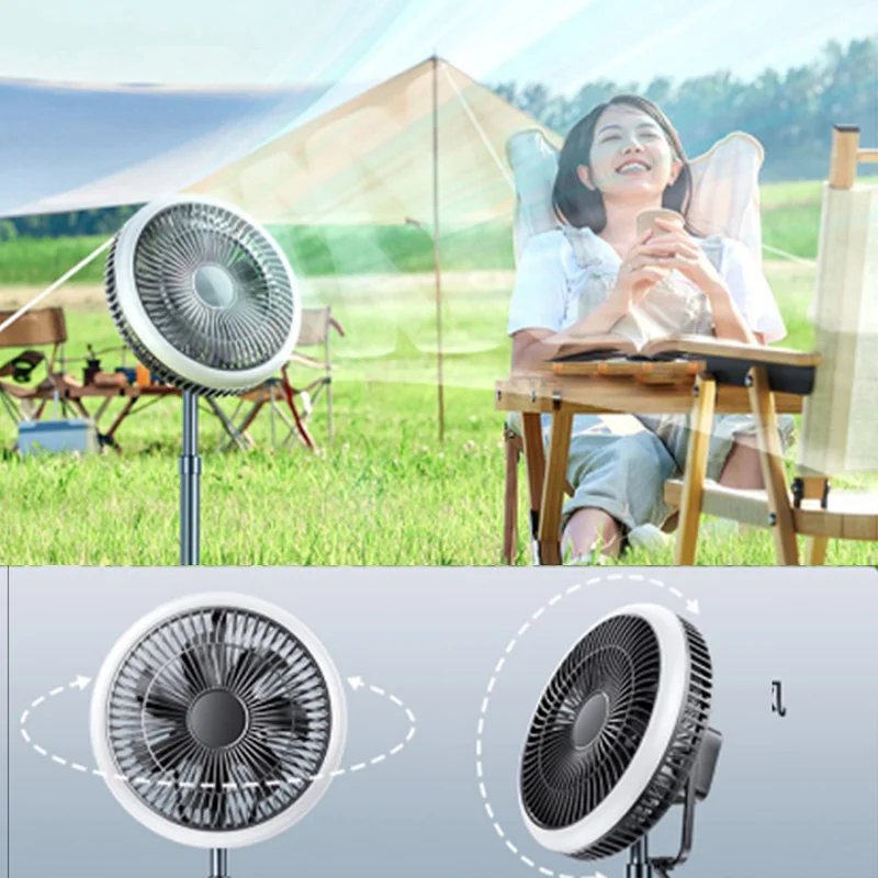 Uarter 10-inch Rotating Camping Fan, LED Light, USB Rechargeable 5000mAh, Portable