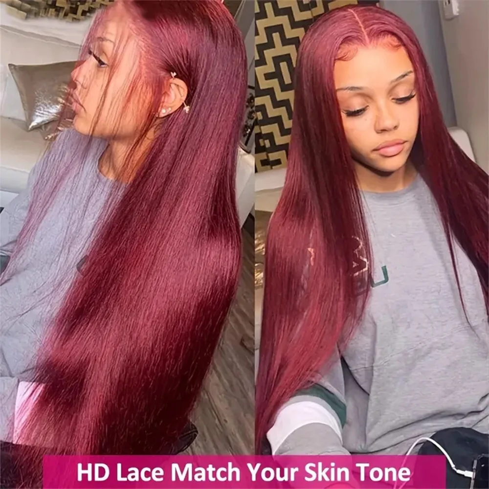 13x6 Human Hair Bone Straight Lace Front Wigs 99J Burgundy Brazilian Remy Hair Glueless 13x4 Hd Lace Frontal Wig For Women