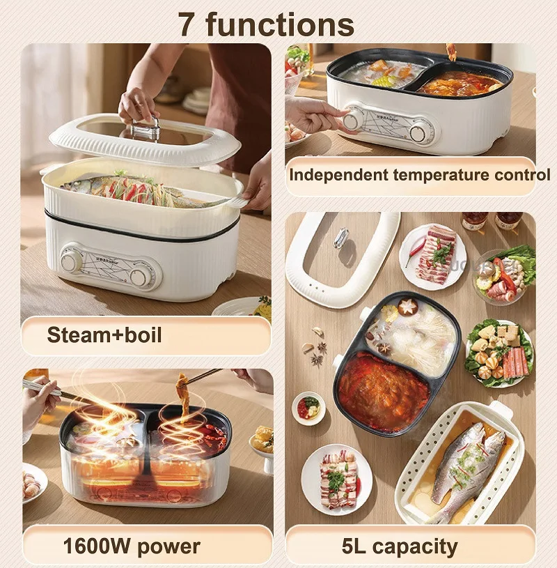 Home Large Capacity Yuanyang Electric Hot Pot Multi-function Pot Non-stick Electric Cook Pot Electric Cooker Home Appliances 6L 3