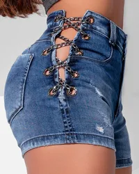 Women Jeans Sexy High Waist Grommet Eyelet Chain Lace-up Ripped Denim Shorts