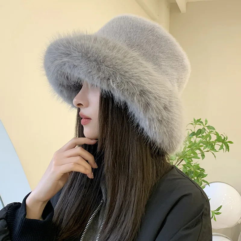 Bucket Hats Winter Hat for Women Faux Fur Fluffy Bucket Hat for Women Luxury Plush Thicken Snow Oversized Fur Bucket Soft Panama Cap