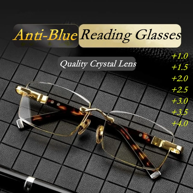

FG Men Women Rimless Reading Glasses Square Frameless Presbyopic Anti Blue Light Magnification Eyewear Diopters +100 +400