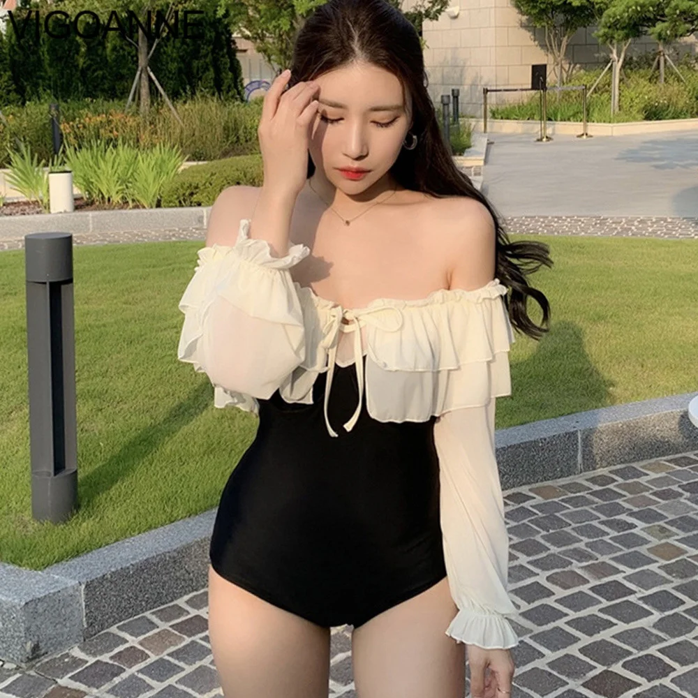 

VigoAnne Solid Mesh Long Sleeve Swimwear Women 2023 Sexy Verge Push UP One Piece Swimsuit Korean Monokini Beach Bathing Suit