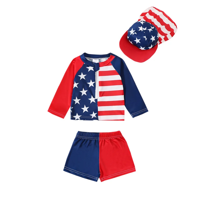 FOCUSNORM 0-5Y Independence Day Baby Boys 3pcs Swimsuits Long Sleeve Stars Stripe Print Tops Shorts Swimwear Sets with Sun Hat