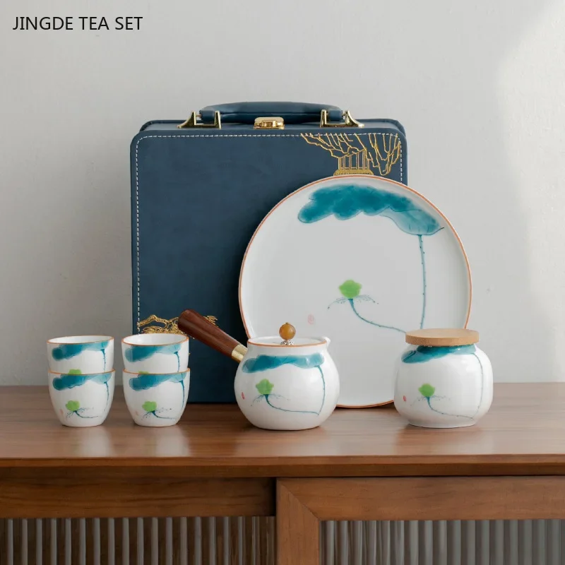 Hand-painted portable tea set side handle pot Travel Teapot and Cup set Outdoor one pot of four cups with tea pot with tea tray