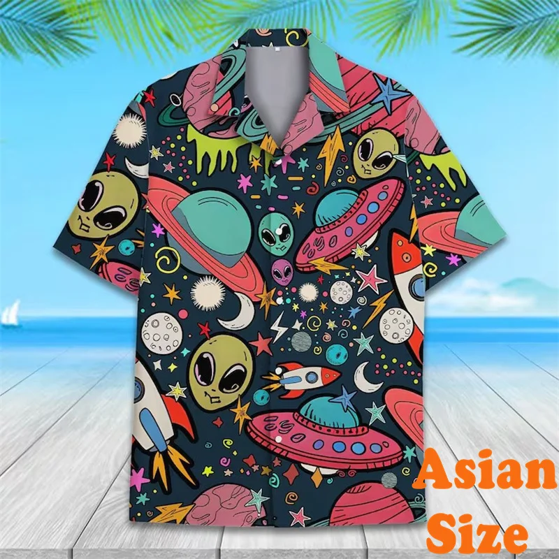 Camicia Hawaiana Con Dinosauro Ufo | Uomo E Donna | Maniche Corte Con Bottoni | Tessuto Leggero Asciugatura Rapida | Taglia M