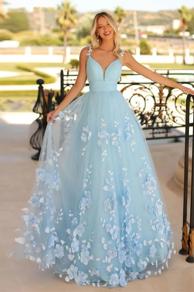 Blue Prom Dresses Floral Long Floor Length Princess Formal Party Birth Evening Gowns Tulle Sleevelss V Neck Spaghetti Strap
