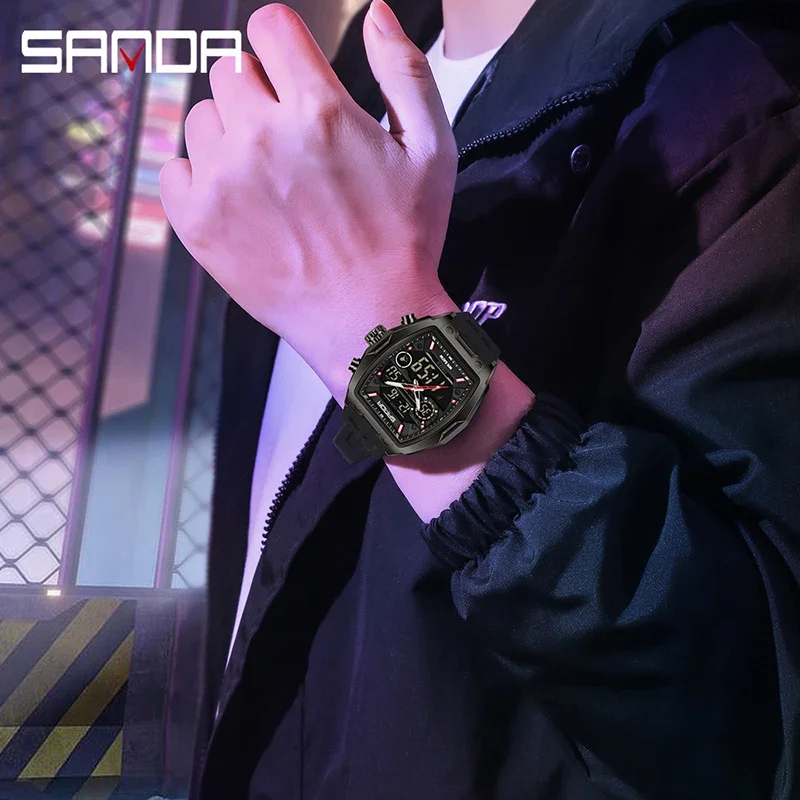 SANDA Men Dual Display Electronic Watch Big Dial Sports LED Analog Digital Chronograph Military Man Wristwatch relogio masculino - 5