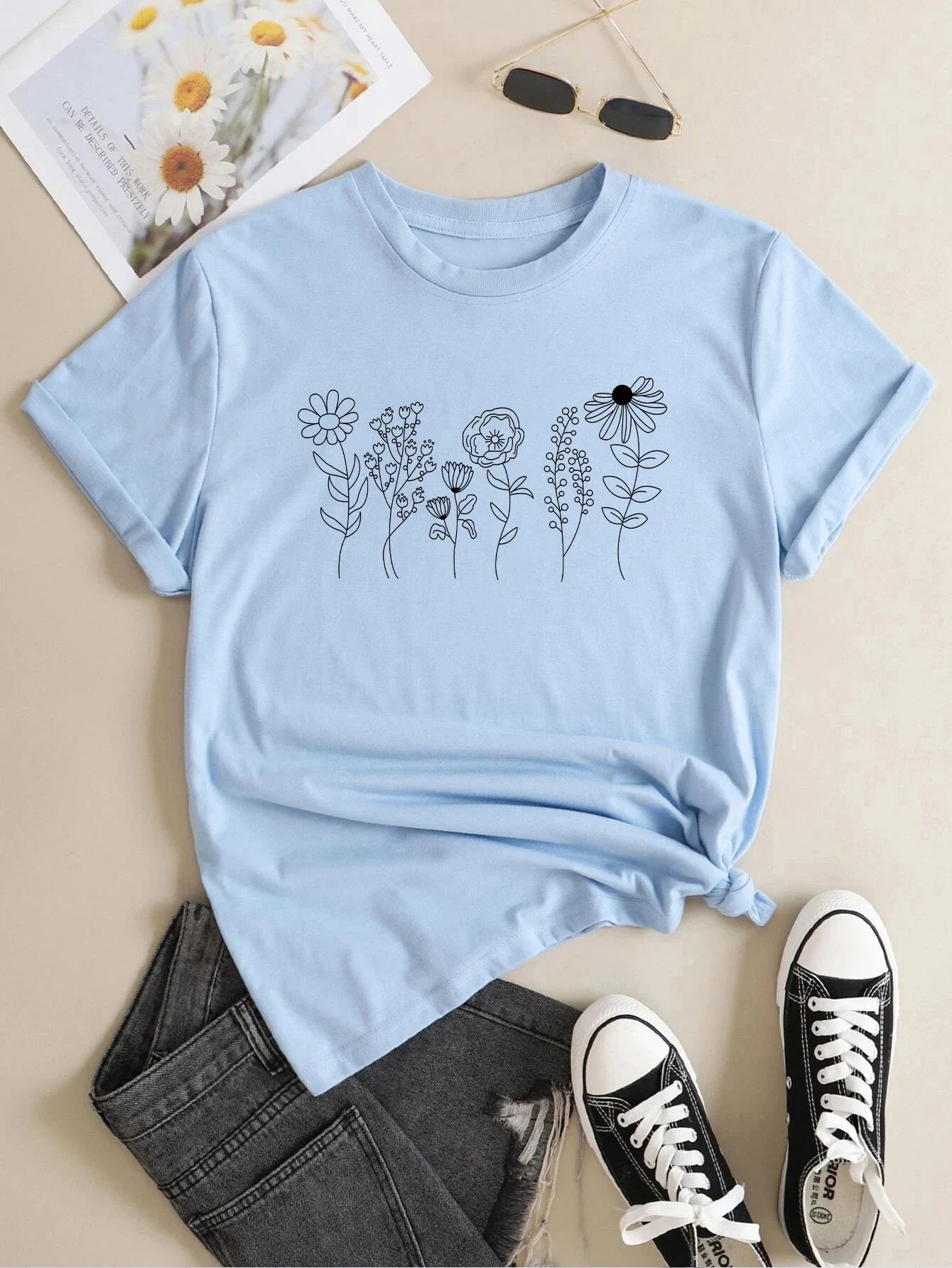 

Floral print Print Crew Neck T-shirt, Casual Loose Short Sleeve Fashion Summer T-Shirts Tops, Women's Clothing
