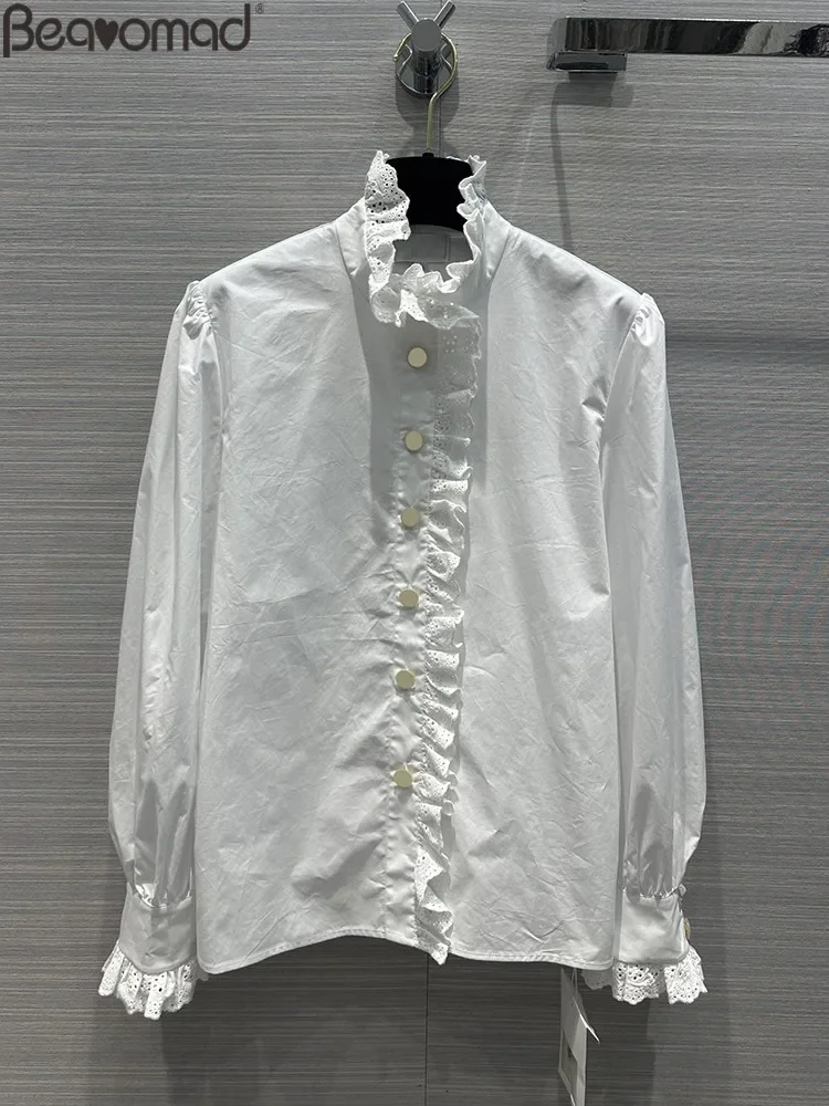 

Fashion Runway Autumn White Color Loose Blouses Women's Lace Flounces Collar Solid Color Lantern Sleeve Casual Shirt