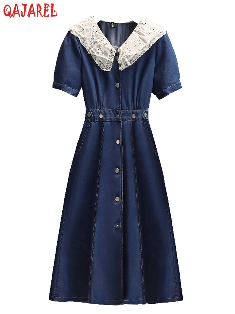 

2023 Summer Blue Cowboy Doll Collar Chic Casual Dress Women Elegant Bodycon Formal Occasion Dress Korean Loose Party Long Dress