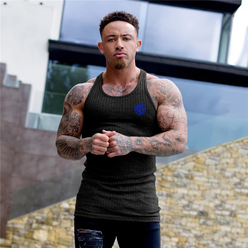 

Fitness Sleeveless T-Shirt Knitted Vest Fashion Strips Gym Bodybuilding Running Sport Tank Top Men Print Singlet Summer Clothing