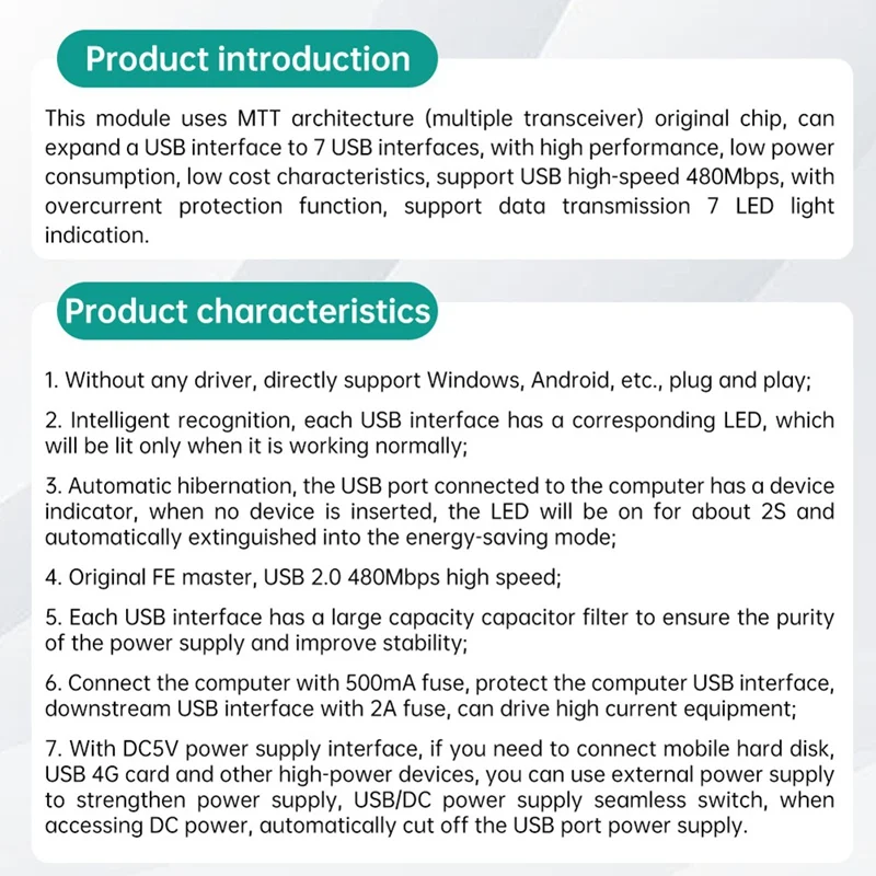 DC5V USB 2.0 HUB Module 1 To 7 Port USB Hub Seven Port Splitter Expansion Module With LED 480Mbps