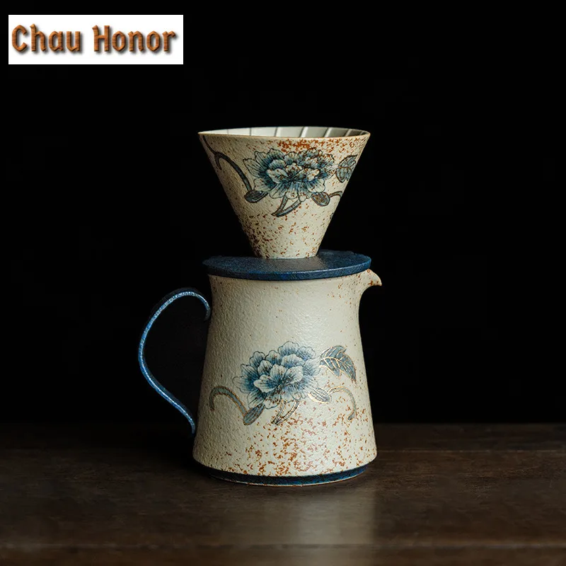 Blue And White Flint Red Coffee Cone Shape Drip Gold Drawing Peony Flower Hand Brewing Coffee Dripper Filter Funnel Barista Mugs