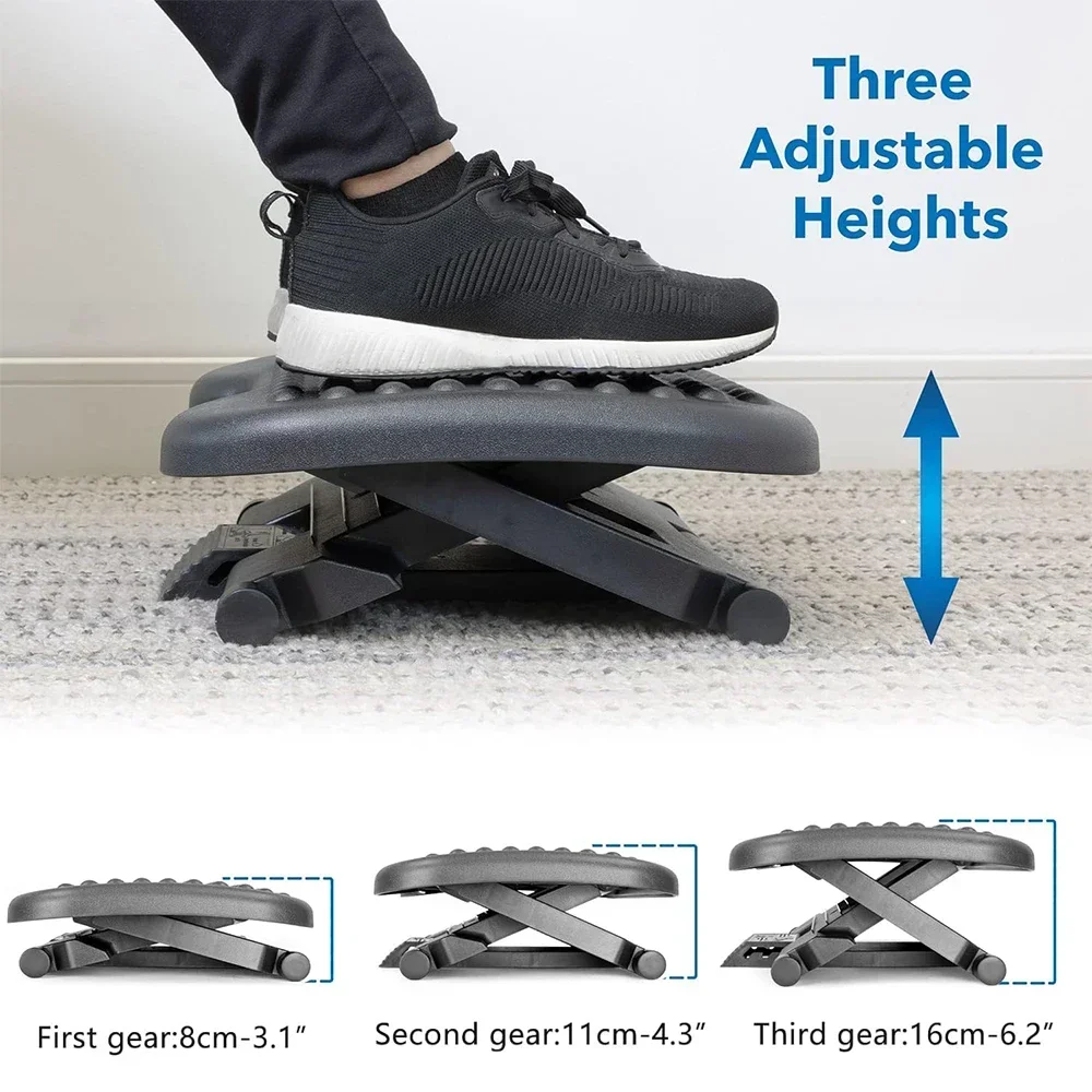 Adjustable Under Desk Footrest - Ergonomic Foot Rest with 3 Height Position  - 30 Degree Tilt Angle Adjustment for Home, Office, Non-Skid Massage  Surface Texture Improves Posture and Circulation 