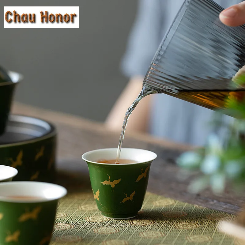 2pc/Set 45ml Hand Painted Emerald Glazed Gold Crane Art Ceramic Small Cup Household Kung Fu Tea Set Boutique Single Master Cup