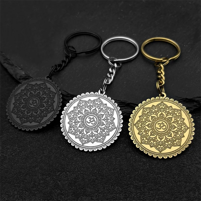 OM Yoga Lotusblume Schlüsselanhänger Damen Herren Edelstahl Gold Silber Farbe Buddha Mandala Meditation Spiritueller indischer Schmuck