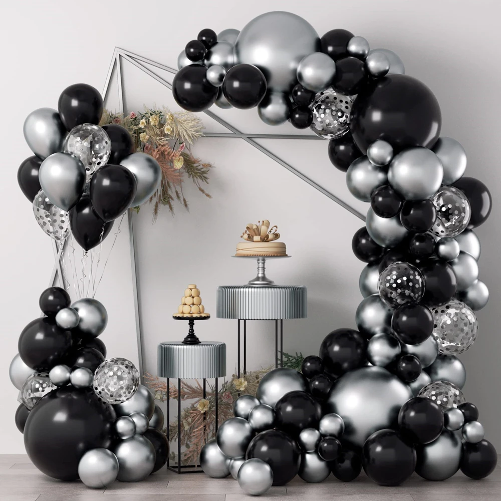 

97Pcs Black Metallic Silver Confetti Latex Balloon Garland Arch Kit for Birthday Wedding Baby Shower Party Decor