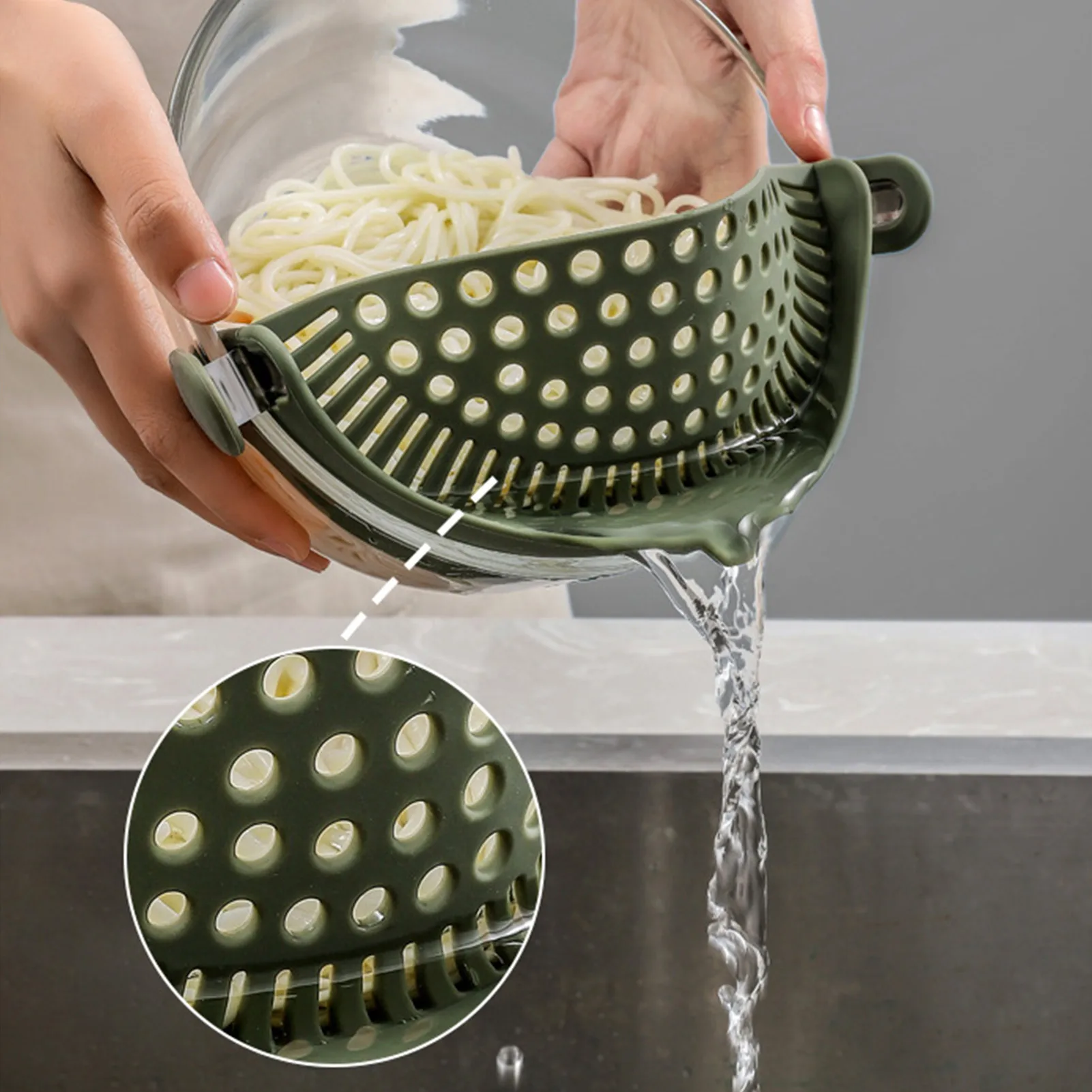 Clip on Pasta Strainer Silicone for Pots and Bowls Snap on Drainer for