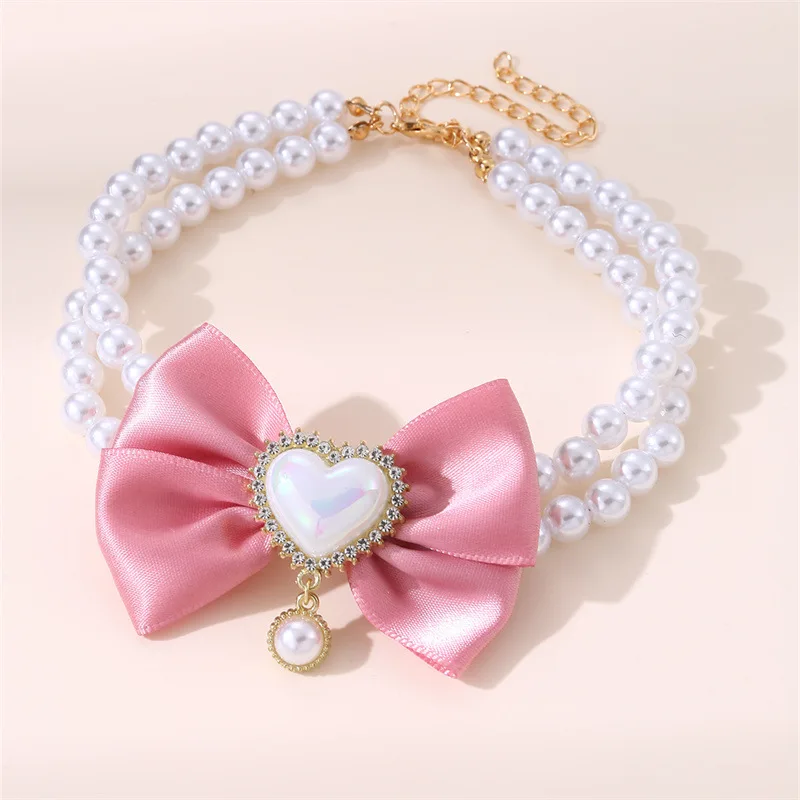 Pink Dog Pearl Collar With Bow - Adjustable Princess Necklace For Pets