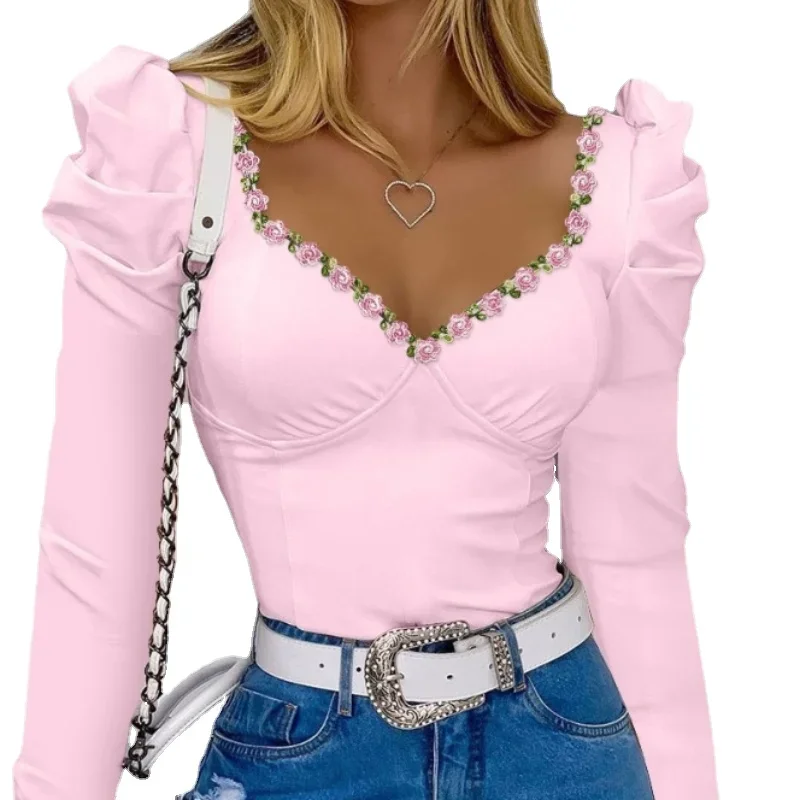 

2024Autumn Winter Spring New Fashion Casual Sexy Female Clothing T-Shirts Pullover Tops Floral Pattern Puff Sleeve Top