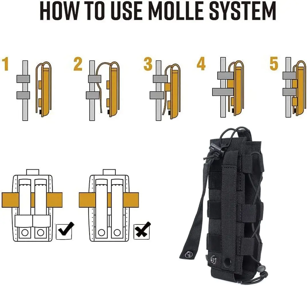 Laser Cut Design Molle Radio Pouch Holder & Molle Adjustable Water Bottle Holder 40 oz Bottle Pouch for Backpack Rope Contractio