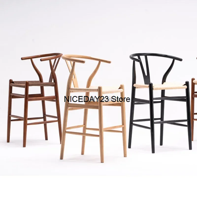 

Nordic Solid Wood Bar Chairs Minimalist Cafe High Bar Stool Bar Furniture Creative Home Armchair Leisure Back Rattan Bar Chairs