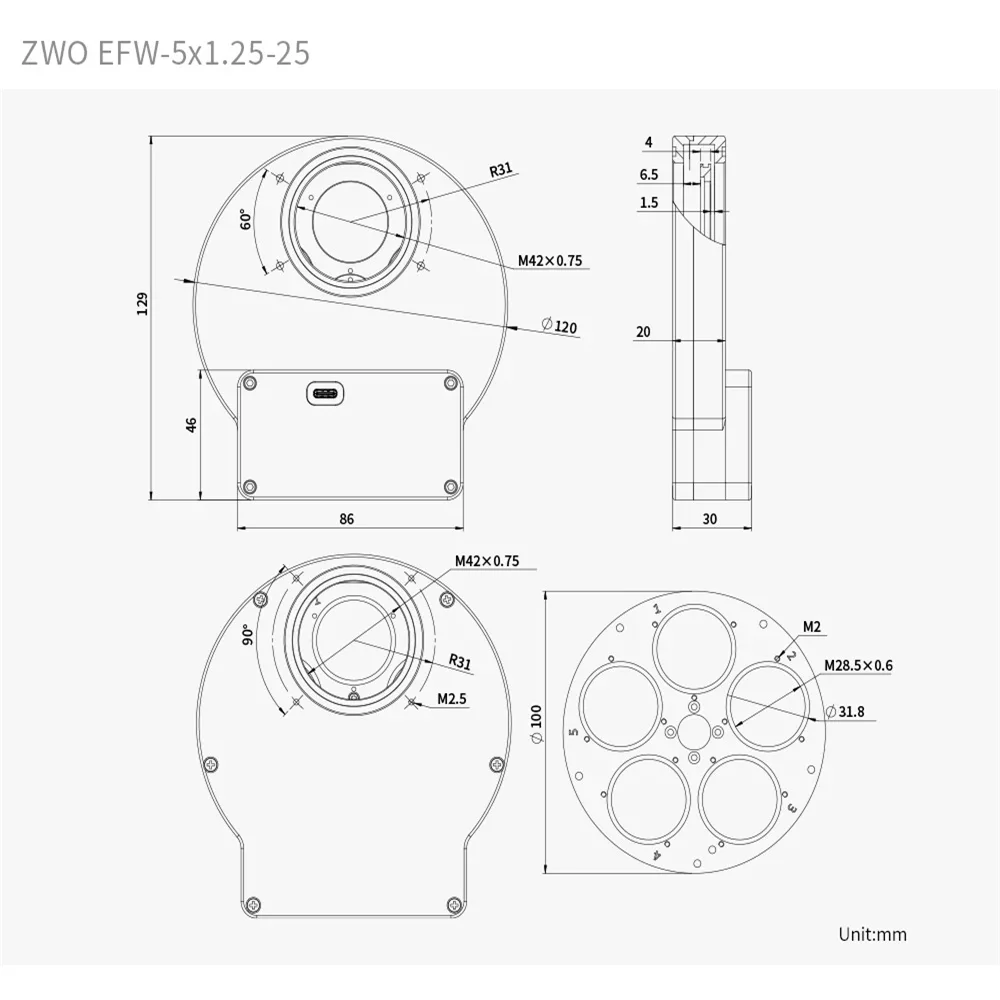 Roue à Filtres électronique ZWO EFWMINI 5 Positions (pour Filtres 1,25" / 31 Mm) - Occasion