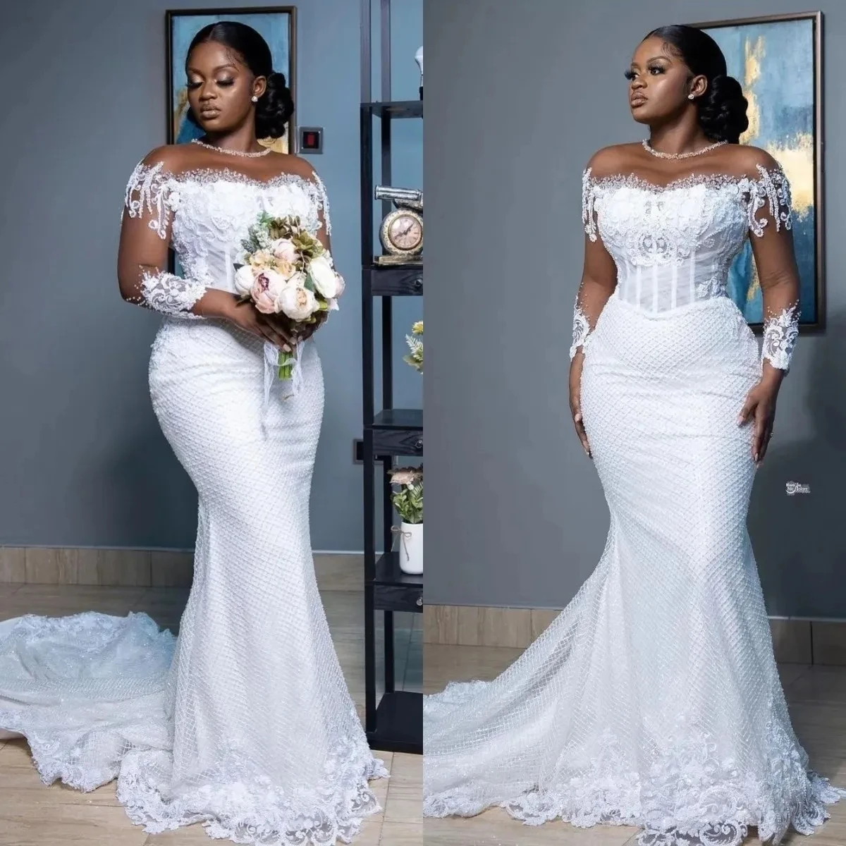 

African White Mermaid Wedding Dresses Women Elegant Sheer Long Sleeved Bridal Gowns Lace Country Dress Second Reception Gown