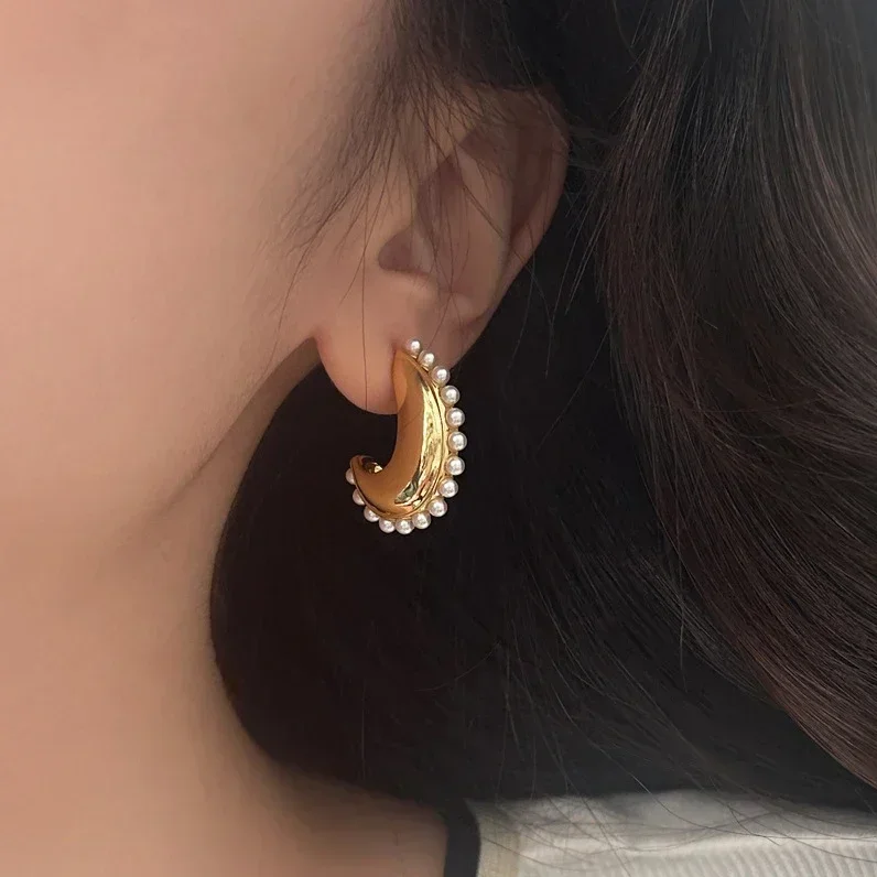 925 Silver Pearl Moon Stud Earrings for Women Party Vintage Fine