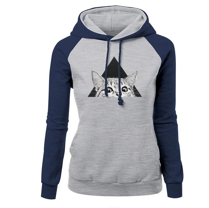 

Women's winter sportswear patchwork round neck raglan sleeves contrast color women's plush hooded sweater