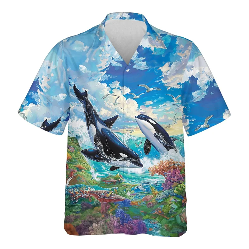 thumbnail image 1 of Camisa hawaiana con estampado 3D de ballena asesina para hombre, blusas con estampado de animales de ballenas azules, camisetas Aloha unisex, blusas cómodas de manga corta, 1 of 5