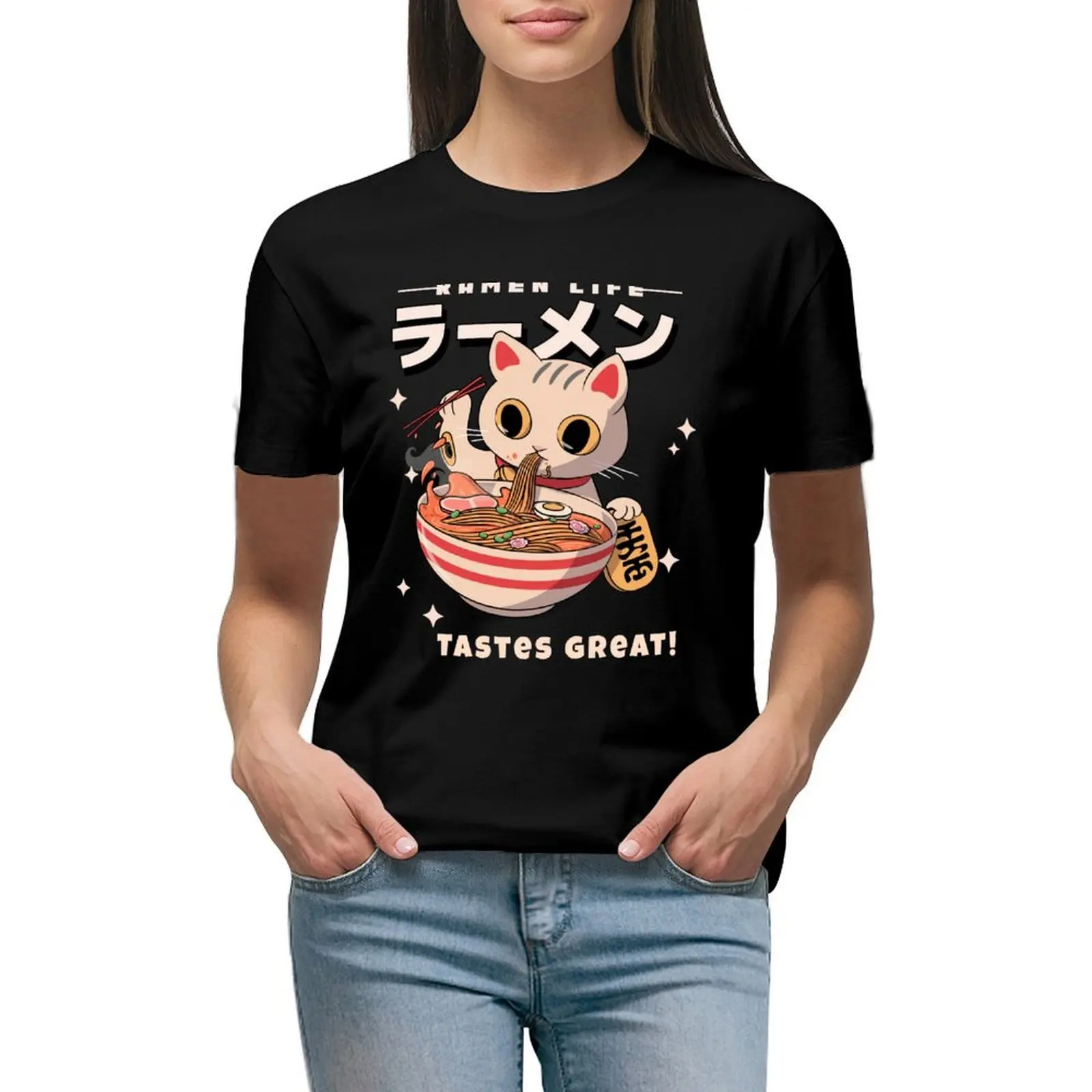 

Kitten Eating Ramen- Ramen Life Tastes Great! T-shirt cute tops Short sleeve tee clothes for Women