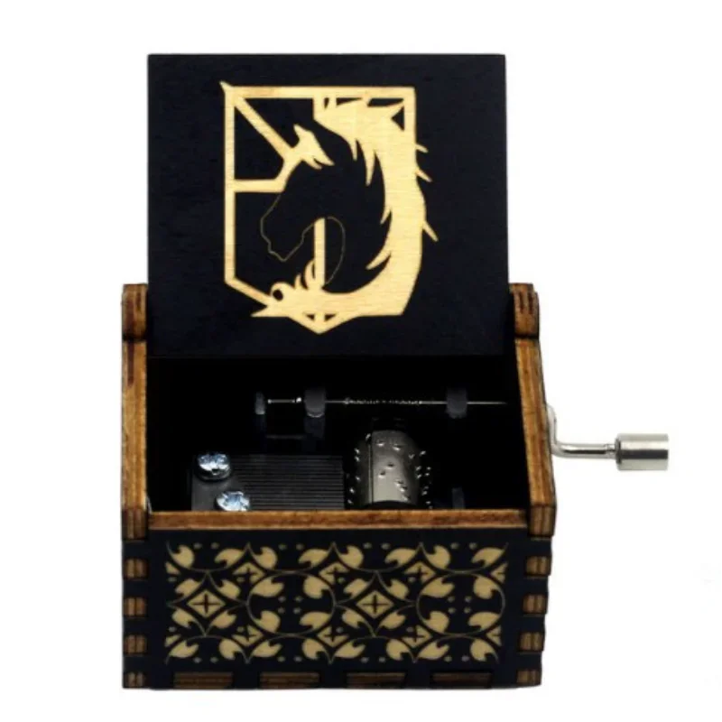 Hand-cranked music box, retro engraving, exquisite painting, attacking giants, the same creative ornament, wooden music box 2