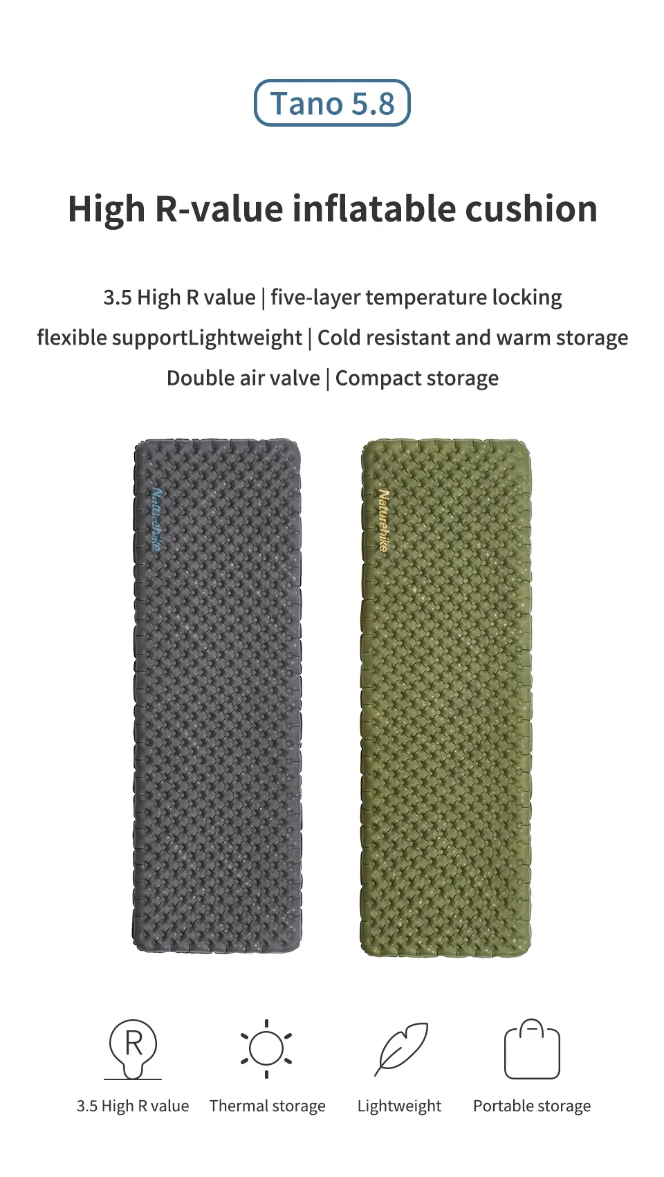 Naturehike New 3.5 High R-value Camping Air Mattress Lightweight Sleeping Air Pad Portable Quick Inflatable Travel Hiking Mats