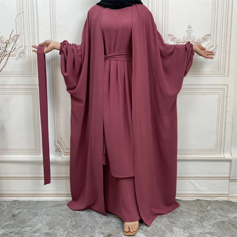Ramadan 3 Piece Matching Muslim Set Abaya Kimono Hijab Dress with Wrap Skirt Open Abayas for Women Dubai Turkey Islamic Clothing