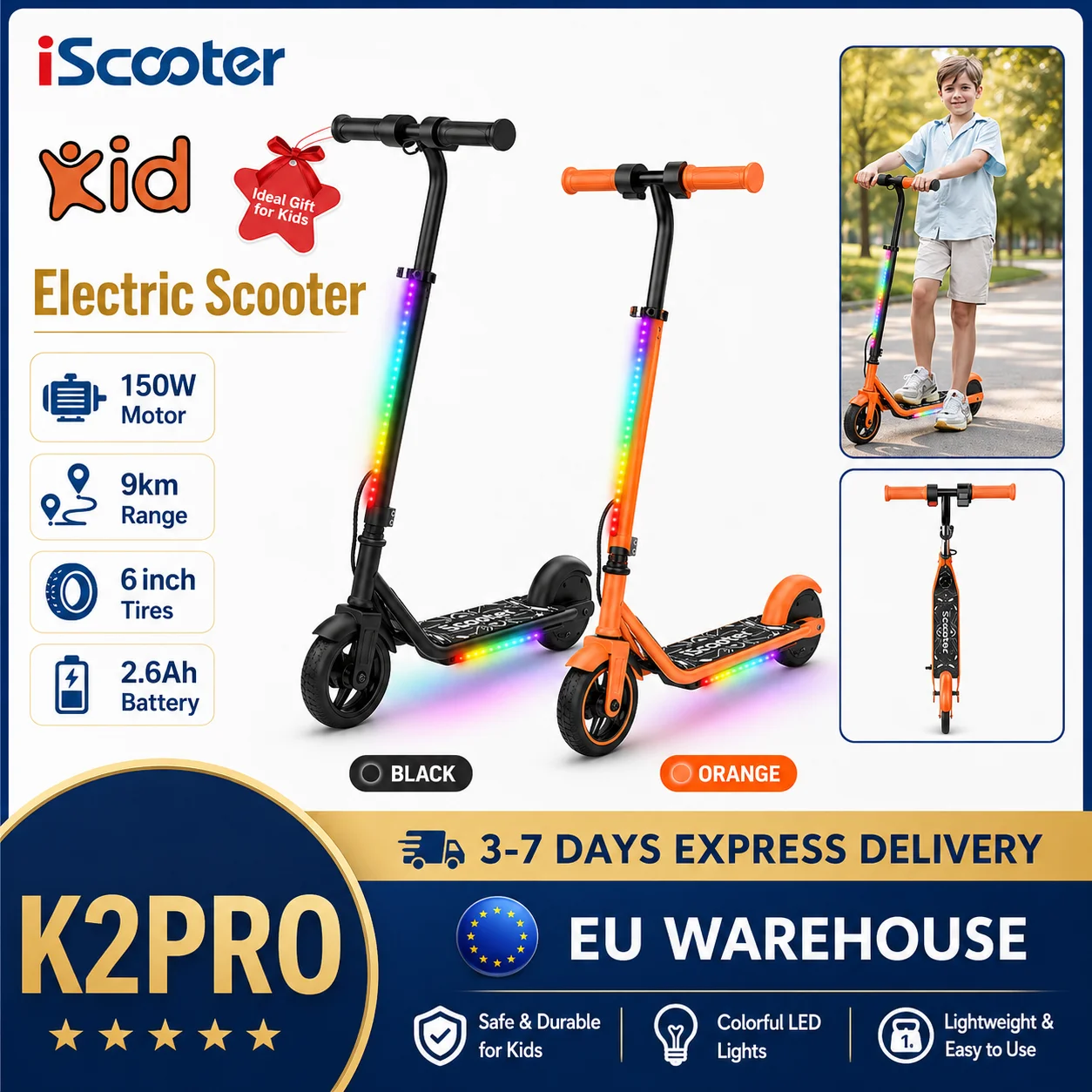 Trottinette électrique pour enfants K2Pro, moteur 150W, pneus de 6 pouces, batterie 18V, vitesse maximale de 16 km/h, autonomie de 6 à 9 km, orange et noir, 3 vitesses avec LED 1