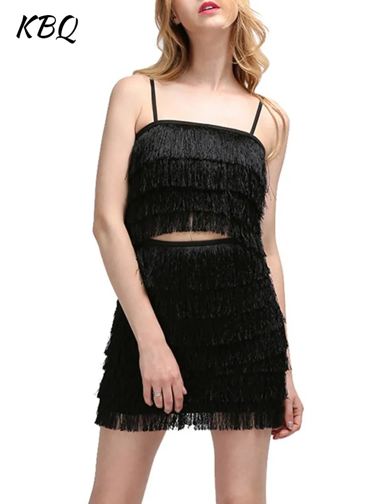 KBQ Solid Two Piece Sets For Women Strapless Sleeveless Camisole Crop Tops High Waist Mini Skirts Spliced Tassel Set Female New