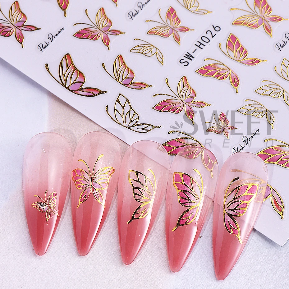 3pcs Gradient Butterfly Flower Nail Stickers 3D Bronzing Border Daisy Floral Petals Butterfly Adhesive Decals DIY Manicure Decor