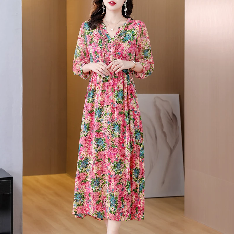 

Spring Women's Fashion Fragmented Silk Dress 2023 New V Neck 3/4 Sleeve Loose Tight Knee Length Dress Elegant Beach Dress