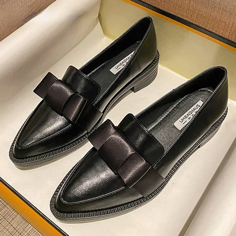 Retro Bowknot Women Oxford Shoes woman flats slip on thick heels loafers british pointed toe small leather shoes women plus size 42