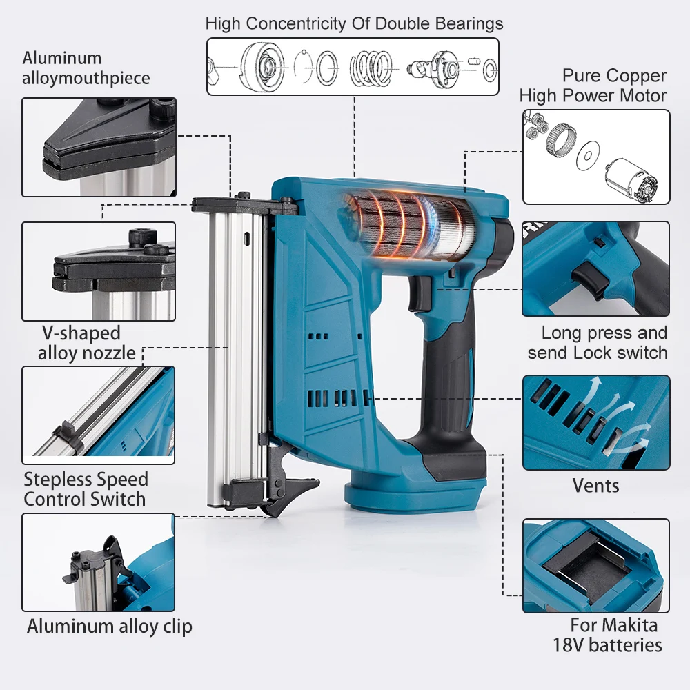 Hormy 18V Rechargeable Lithium Battery Nail Gun F30 Type Gold Gun Nozzle Wireless Woodworking Nail Tool For Makita 18V battery 4